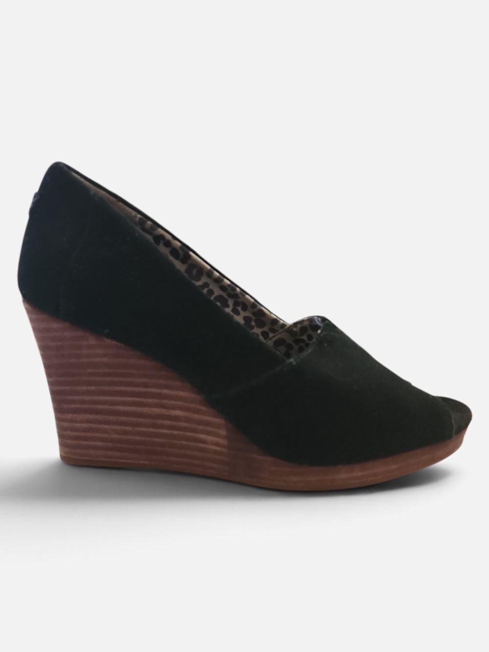 TOMS Black Suede Peep Toe Wedge Heels W6.5 Classic Comfort Pumps Neutral Capsule